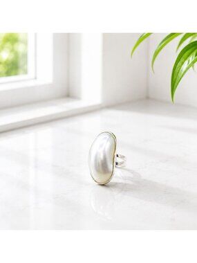 Vintage Faux Pearl Adjustable Silver Tone Ring Minimalist Statement Jewelry